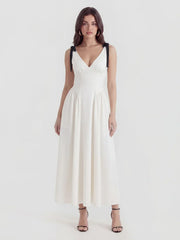 V-Neck Fitted Waist Maxi Dress With Bow Straps