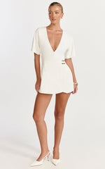 Xena Mini Dress - Mock Wrap Buckle Dress in White