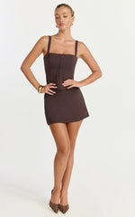 Mikey Mini Skirt - Mid Waisted Tailored A Line Skirt in Chocolate