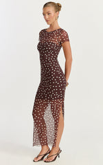 Colette Maxi Dress - Mesh Tshirt Dress in Chocolate Polka Dot