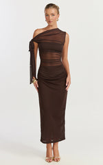 Astrid Midi Dress - Asymmetrical Off Shoulder Tie Detail Dress in Chocolate