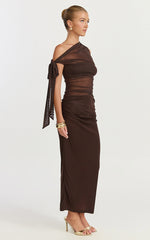 Astrid Midi Dress - Asymmetrical Off Shoulder Tie Detail Dress in Chocolate
