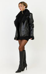 Isolde Jacket - Faux Leather Shearling Biker Jacket in Black Base with Black Borg
