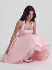 Lace-Up Halter Midi With Exposed Tulle Hem