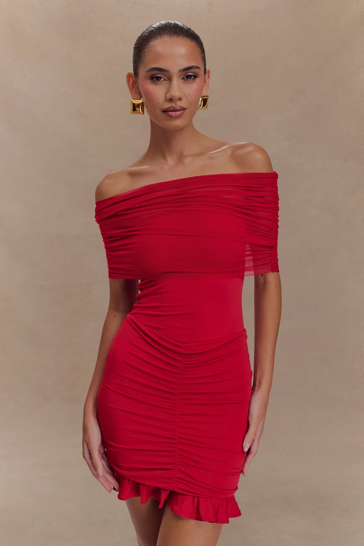 Caspian Slinky And Mesh Off Shoulder Mini Dress - Ruby