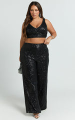 Abela Two Piece Set - Crop Top and Wide Leg Pants Set in Black Sequin