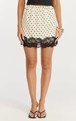 Alba Mini Skirt - Lace Trim Skirt in White/Black Polka