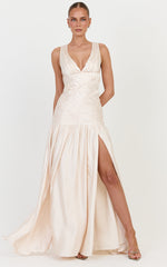 Alessandra Maxi Dress - Ruched Leg Split Dress in Champagne