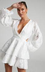Allea Mini Dress - V Neck Balloon Sleeve Tiered Jacquard Dress in White