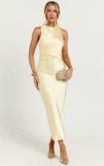 Aluna Midi Dress - High Neck Cross Back Satin Slip Dress in Lemon