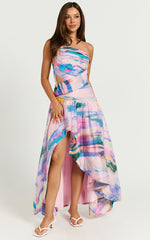 Amalie The Label - Keziah One Shoulder Asymmetric Maxi Dress in Abstract Sunset Print