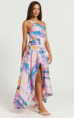Amalie The Label - Keziah One Shoulder Asymmetric Maxi Dress in Abstract Sunset Print