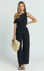 Annalie Two Piece Top and Pants Set - Off Shoulder Linen Set in Black