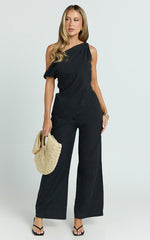 Annalie Two Piece Top and Pants Set - Off Shoulder Linen Set in Black