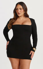 Benji Mini Dress - Square Neck Long Sleeve Bodycon Dress in Black