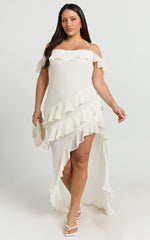 Brigitte Maxi Dress - Halter Off Shoulder Georgette Ruffle Tiered Dress in Cream