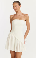 Calla Mini Dress - Strapless Gathered Asymmetric Dropped Waist Dress in White