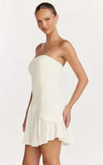 Calla Mini Dress - Strapless Gathered Asymmetric Dropped Waist Dress in White