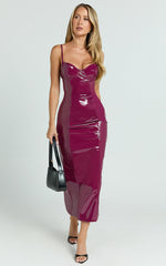 Callie Midi Dress - PU Sweetheart Neck Back Split Bodycon Dress in Dark Cherry