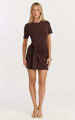 Candace Mini Dress - Faux Wrap Shift Dress in Chocolate