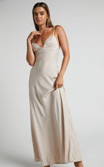 Cariela Maxi Dress - Plunge Neck Satin Dress in Champagne