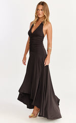 Celeste Maxi Dress - Gathered Bodice Dropped Waist Halter Dress in Chocolate