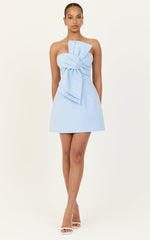 Chika Mini Dress - Linen Strapless Front Bow Dress in Pale Blue