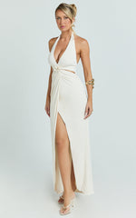 Cleo Maxi Dress - Halter Neck Floral Trim Cut Out Fitted Dress in Ivory