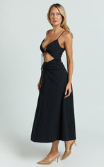 Daphne Midi Dress - Gathered Cut Out A Line Dress in Black