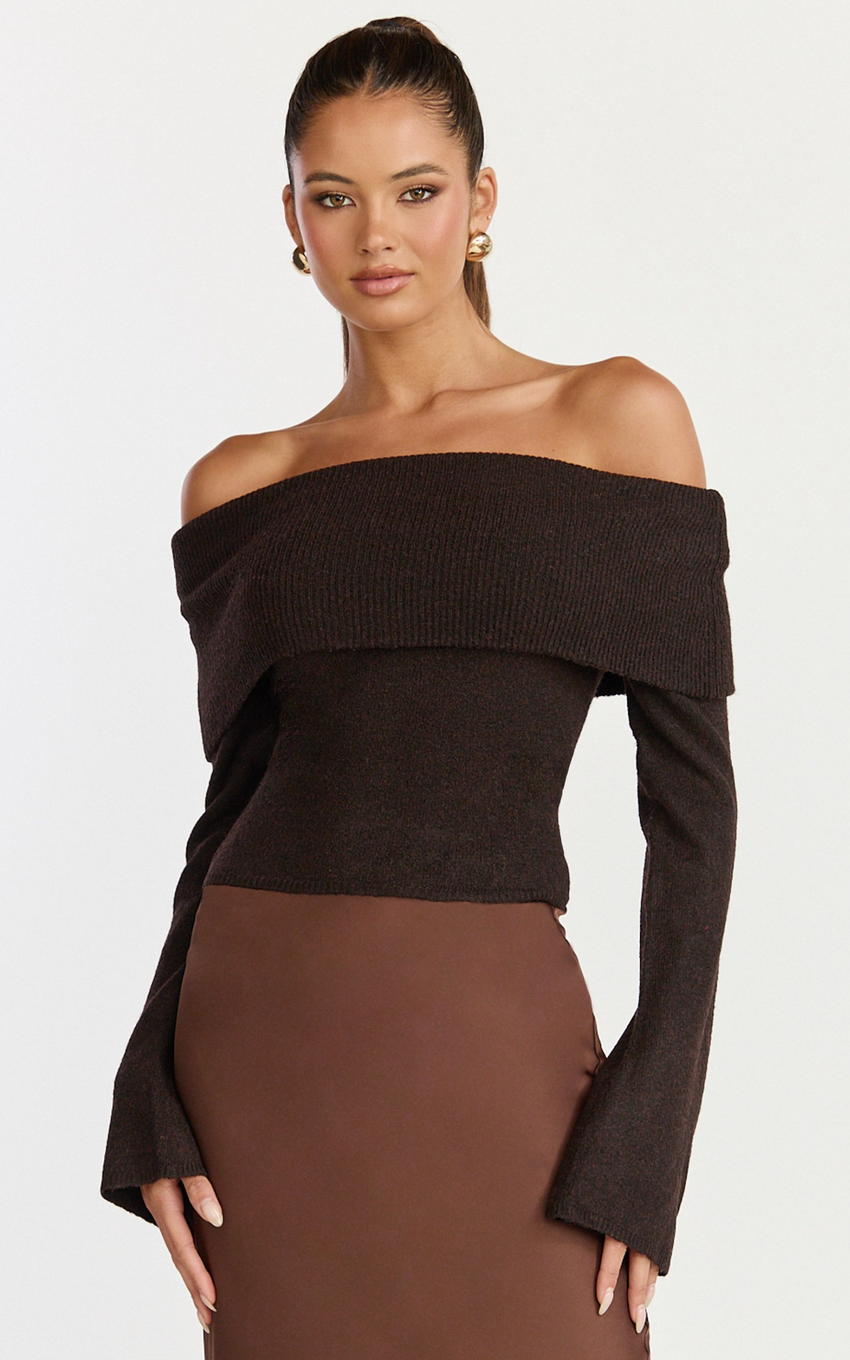 Darcie Top - Off Shoulder Long Sleeve Knit Top in Chocolate