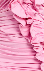 Dawson Mini Dress - Off Shoulder Ruffle Front Ruched Dress in Dusty Pink
