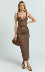 Desi Midi Dress - Spaghetti Strap V Neck Front Leg Split Dress in Chocolate
