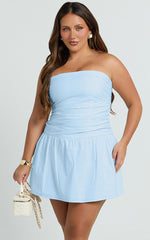 Donatella Mini Dress - Strapless Drop Waist Dress in Blue