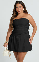 Donatella Mini Dress - Strapless Drop Waist Dress in Black