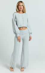 Ebony Two Piece Top and Pants Set - Knitted Crop Cardigan and Pants Set in Light Grey