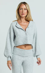 Ebony Two Piece Top and Pants Set - Knitted Crop Cardigan and Pants Set in Light Grey