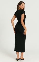 Elaine Midi Dress - Short Sleeve Slim Fit Bodycon Dress in Black
