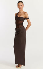 Elias Maxi Dress - Twisted One Shoulder Cowl Dropped Waist Dress in Chocolate
