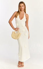 Elodie Maxi Dress - Halter 3D Floral Knit Dress in Cream