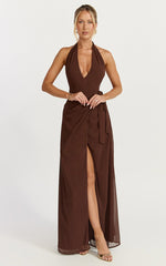 Eva Maxi Dress - Plunge Halter Wrap Dress in Chocolate