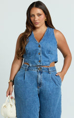 Fergie Top - Denim Crop Vest Top in Mid Blue Wash
