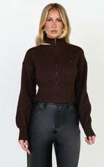 Gaia Jumper - High Neck Full Zip Cropped Jumper in Chocolate