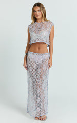 Gemmalyn Two Piece Top and Skirt Set - Sequin Lace Top And A Line Midi Skirt in Pink