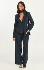 Georgie Top - Button Down Fitted Pinstripe Scarf Blazer Top in Dark Navy