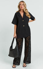 Jemma Two Piece Set - Relaxed Shirt and Lace Pants Set in Black