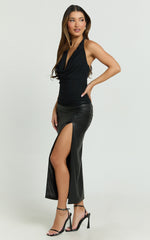 Gertrude Midi Skirt - Faux Leather High Waisted Fitted Leg Split Skirt in Black