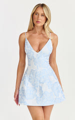 Gianni Mini Dress -  Plunge A Line Low Back Dress in Light Blue