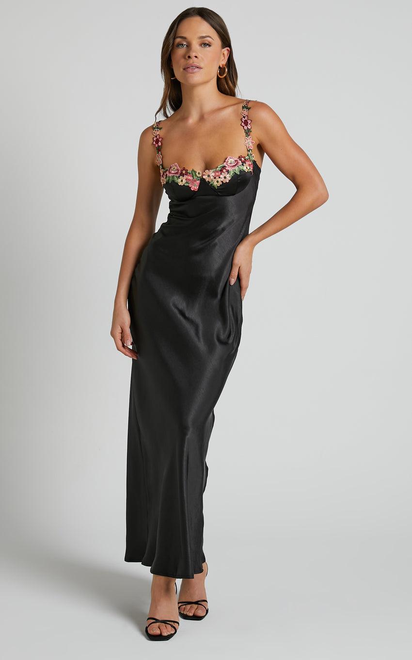 Harmony Maxi Dress - Floral Detail Cup Bust Satin Dress in Black