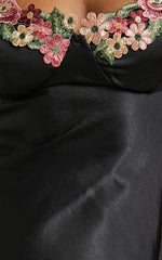 Harmony Maxi Dress - Floral Detail Cup Bust Satin Dress in Black