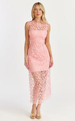Hazel Midi Dress - 3D Flower Net Bodycon Dress in Pink